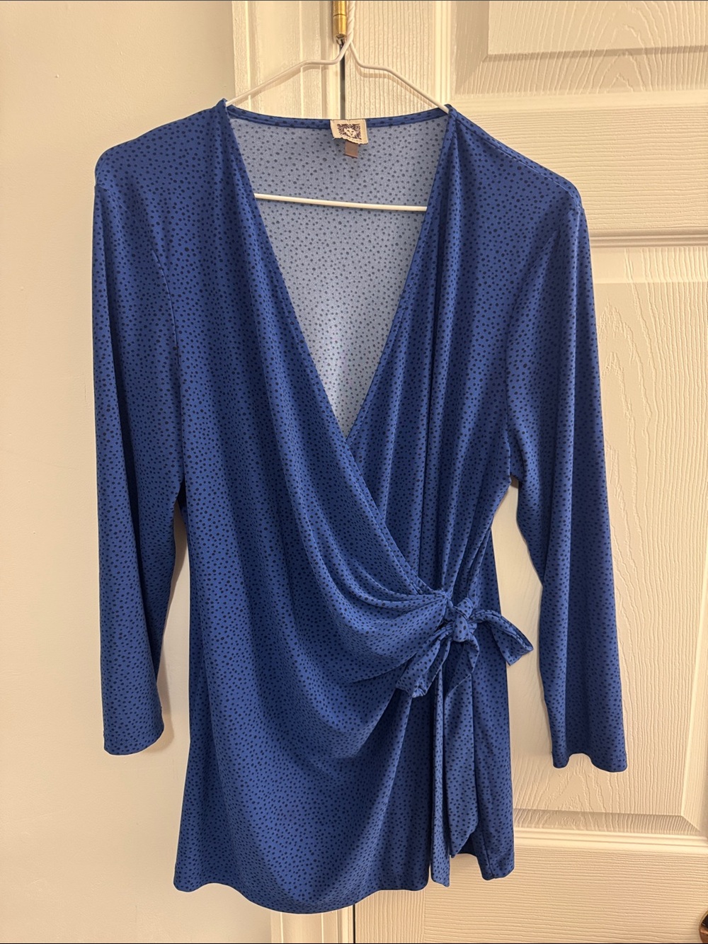 Anne Klein Cobalt Blue Dotted Wrap Top with Side Tie